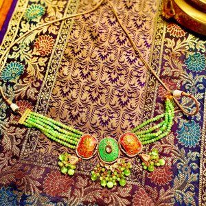 Handmade Kundan necklace of jade and cultured pearls, traditional Indian jewelry